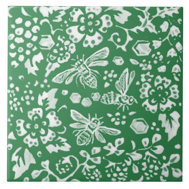 Cute Emerald Grönt Bee Beehive Blommigt Garden Kakelplatta (Framsidan)