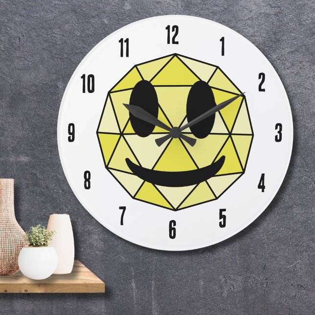 Cute Emoticon Geometric Emoji Gult Lycklig Ansikte Stor Klocka (Cute Emoticon Geometric Emoji Yellow Happy Face Large Clock)
