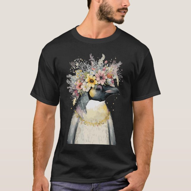 Cute Emperor Penguin Seabird Flower Krona Blommigt T Shirt (Framsida)
