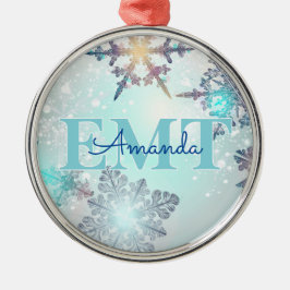 Cute EMT Ice Blue Snowflake Personalized Name Julgransprydnad Metall