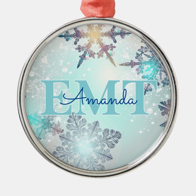 Cute EMT Ice Blue Snowflake Personalized Name  Julgransprydnad Metall (Framsidan)