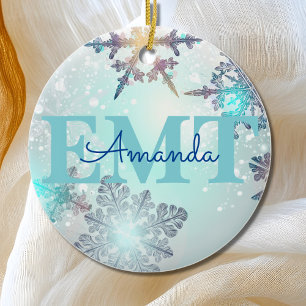 Cute EMT Ice Blue Snowflake Personlig Namn Julgransprydnad Keramik