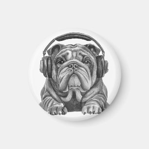 Cute Engelska bulldog med hörlurar Magnet