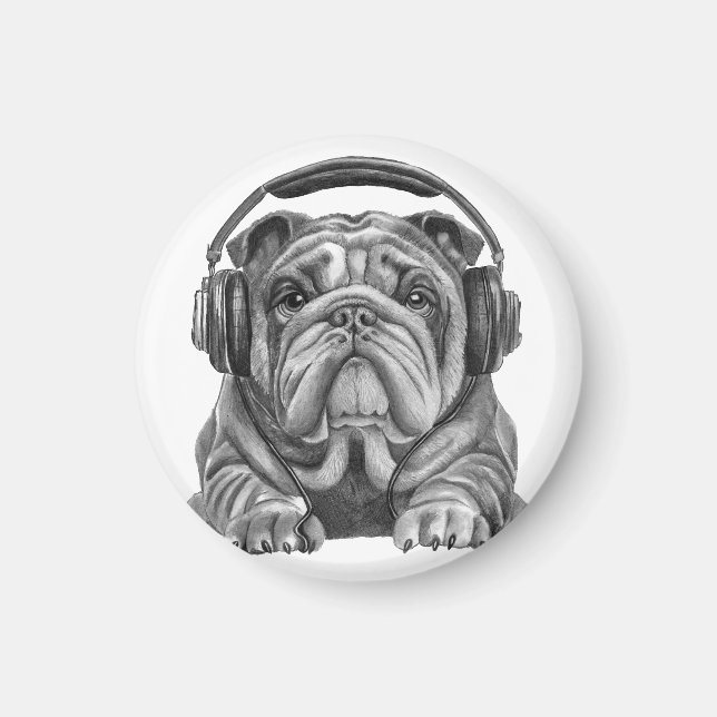 Cute Engelska bulldog med hörlurar Magnet (Framsidan)