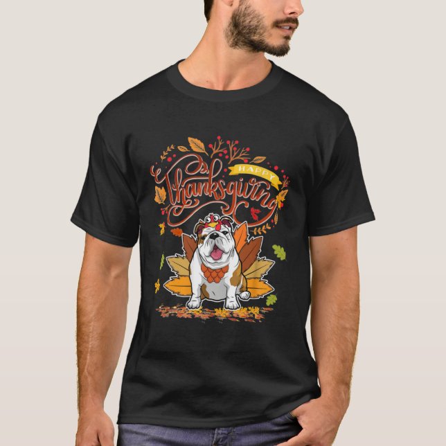 Cute English Bull Dog Happy Thanksgiving Turkey Do T Shirt (Framsida)
