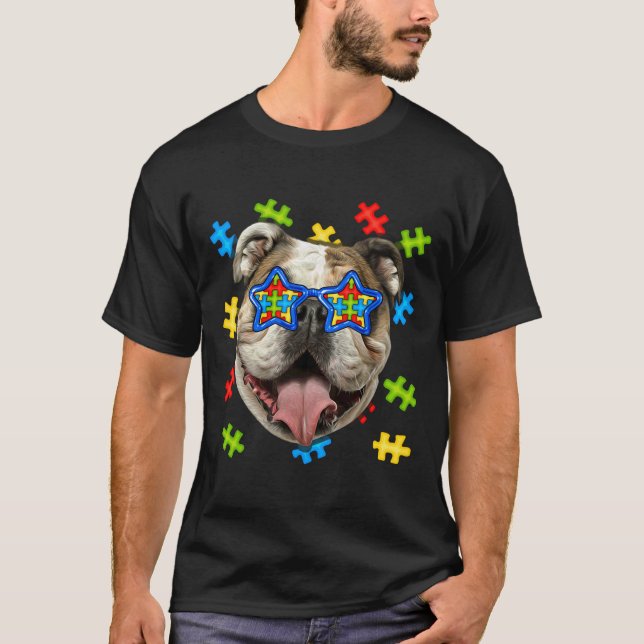 Cute English Bulldog Autism Puzzle Sunglasses Pupp T Shirt (Framsida)