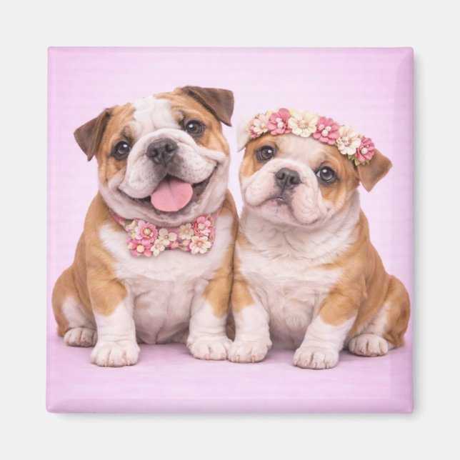 Cute English Bulldog Couple Valentine Illustration Magnet (Framsidan)