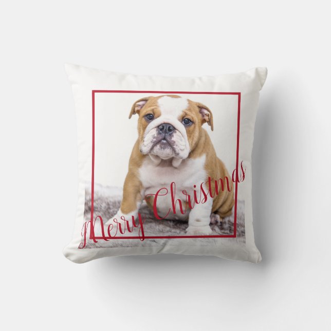 Cute English Bulldog God jul Helgdag Photo Kudde (Framsida)