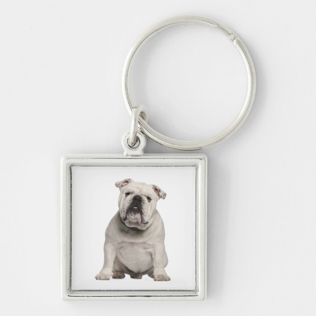 Cute English Bulldog Puppy Hund Keychain Fyrkantig Silverfärgad Nyckelring (Framsidan)