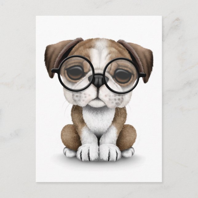 Cute English Bulldog Puppy Wearing Glasses White Vykort (Framsida)