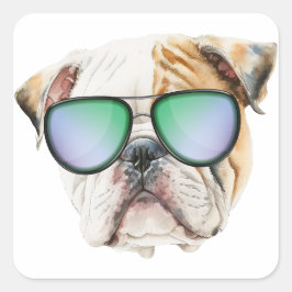 Cute english bulldog with sunglasses, underlig val fyrkantigt klistermärke