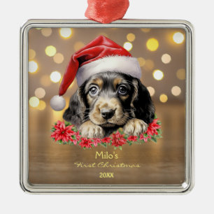 Cute English Cocker Spain Hund Santa Hat Art Julgransprydnad Metall