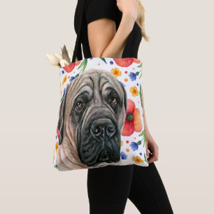Cute English mastiff with Red Poppy Flower Mönster Tygkasse
