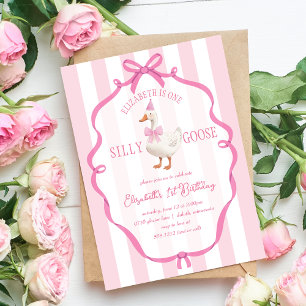 Cute Ett Fånig går Rosa Bow första födelsedag Inbjudningar