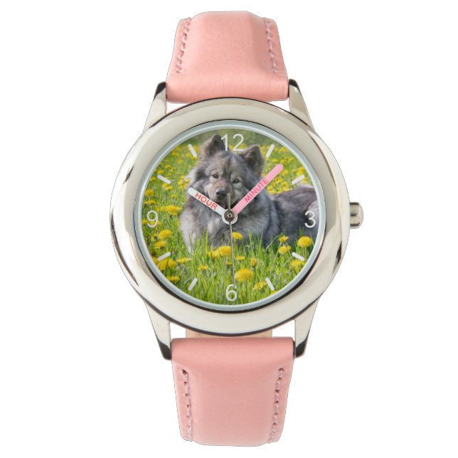 Cute Eurasier-Hund i Blommarna Meadow Dandelions Armbandsur (Framsida)