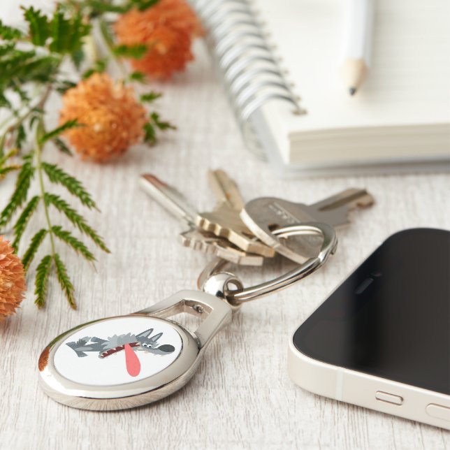 Cute Exced Tecknad Varg Metall Keychain Ovalt Silverfärgad Nyckelring (Sidan)