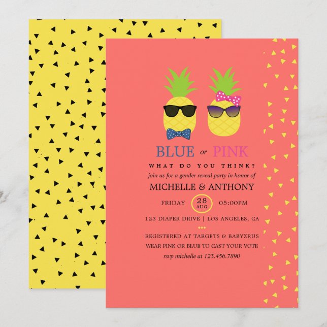 Cute exotic pineapples fietti Gender Reveal Inbjudningar (Fram/baksida)