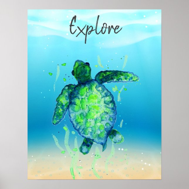 Cute Explore Sea Turtle Kön Neutral Poster (Framsidan)