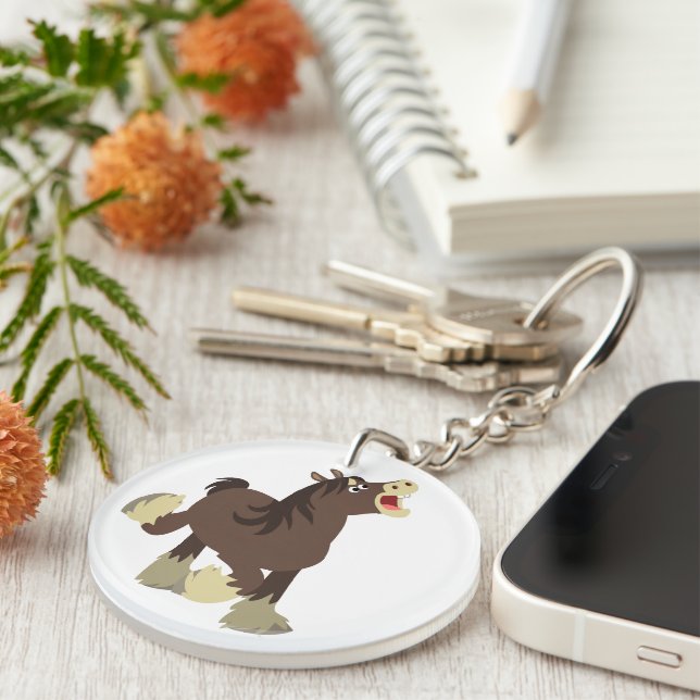 Cute Exuberant Tecknad Shire Horse Keychain (Högra Framsidan)