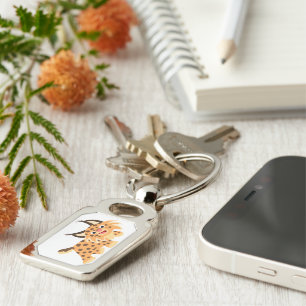 Cute Facetious Tecknad Bobcat Keychain Rektangulärt Silverfärgad Nyckelring
