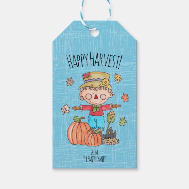 Cute Fågelskrämma Lycklig Harvest Presentetikett (Framsidan)