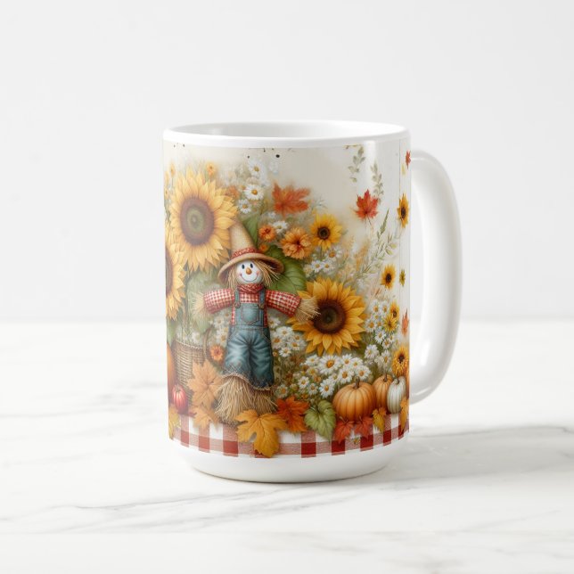 Cute Fågelskrämma med pumpor och blommor Kaffemugg (Framsida höger)