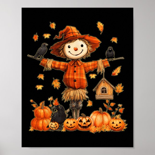 Cute Fågelskrämma Pumpkin Thanksgiving Halloween F Poster (Framsidan)