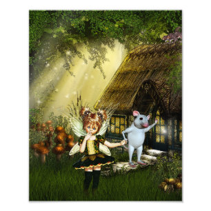 Cute Fairy and White Mouse Fototryck