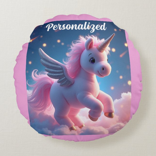 Cute Fairy Baby Unicorn rosa Sparkling Fantasy Rund Kudde (Framsidan)