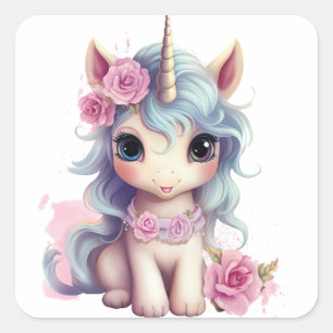Cute Fairy Baby Unicorn Sparkling Fantasy Fyrkantigt Klistermärke