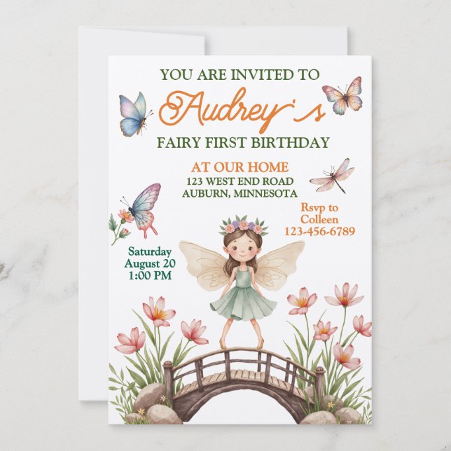 Cute Fairy First Birday Inbjudningar (Framsida)
