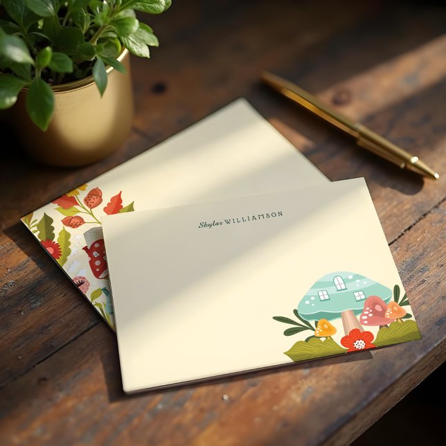 Cute Fairy Garden Autumn Blad Mushroom & Pumpkin Anteckningskort (Cute Fairy Garden Autumn Leafs Mushroom & Pumpkin Note Card)