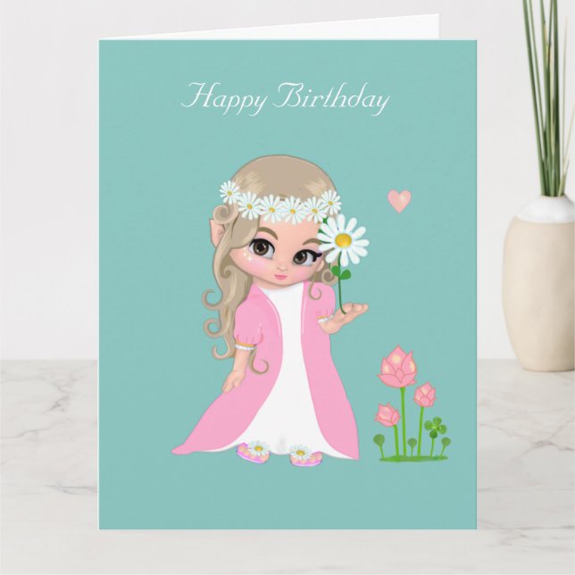 Cute Fairy Girl med Flower på Light Blue Birday Kort (Framsida)