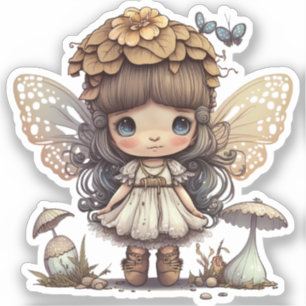 Cute Fairy Girl with Mushroom and Butterflies Klistermärken