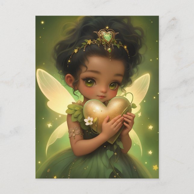 Cute Fairy Holding a Golden Heart Vykort (Framsida)