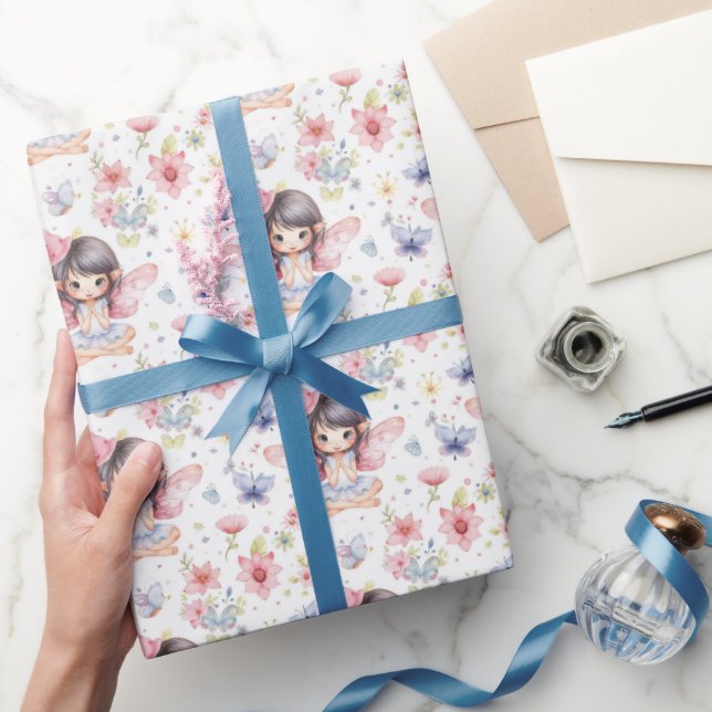 Cute Fairy in Birthday Hat, Flowers, Butterflies Presentpapper (Gifting)