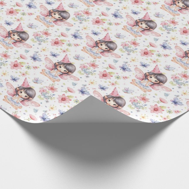 Cute Fairy in Birthday Hat, Flowers, Butterflies Presentpapper (Hörn)