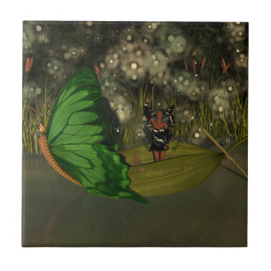 Cute Fairy in Boat with Fireflies Kakelplatta