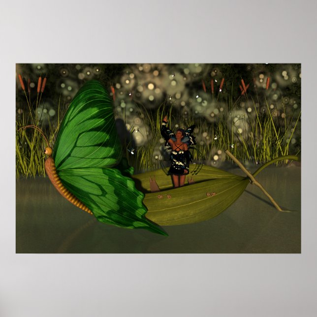 Cute Fairy in Boat with Fireflies Poster (Framsidan)