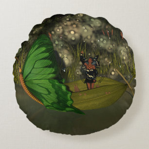 Cute Fairy in Boat with Fireflies Rund Kudde