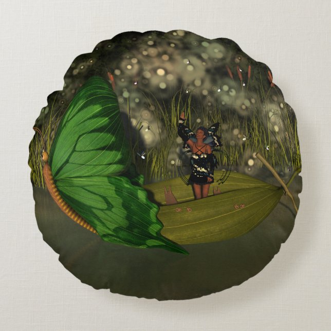 Cute Fairy in Boat with Fireflies Rund Kudde (Framsidan)