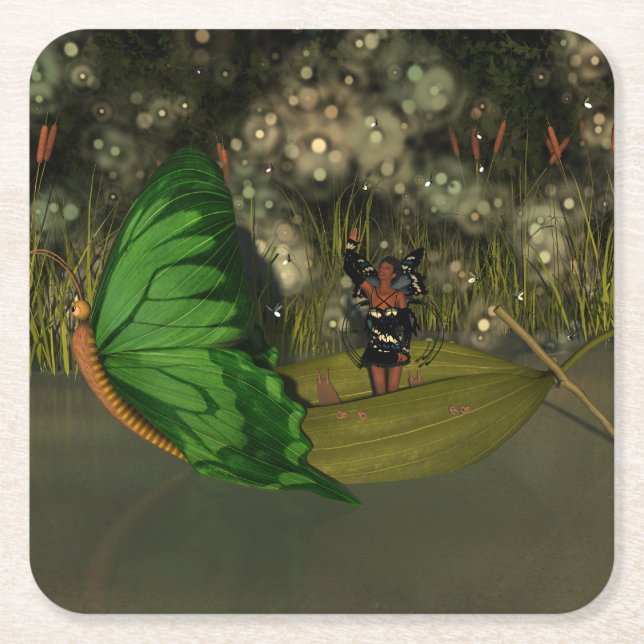 Cute Fairy in Boat with Fireflies Underlägg Papper Kvadrat (Framsidan)