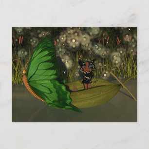 Cute Fairy in Boat with Fireflies Vykort