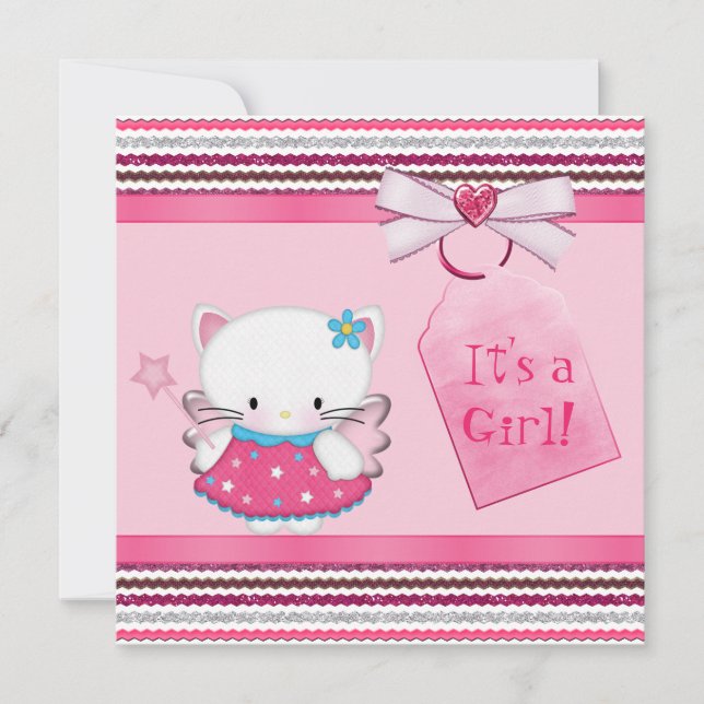 Cute Fairy Kattunge Rosa Baby Shower Inbjudningar (Framsida)
