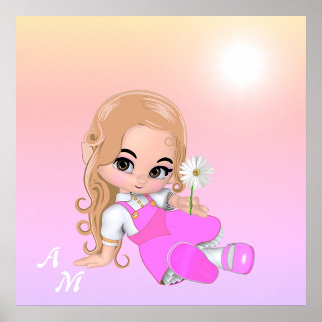 Cute Fairy & Monogram på Rosa Shades Poster (Framsidan)