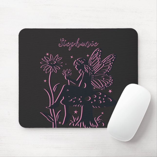 Cute Fairy Mushroom och Flower Black & Rosa Musmatta (Med mus)