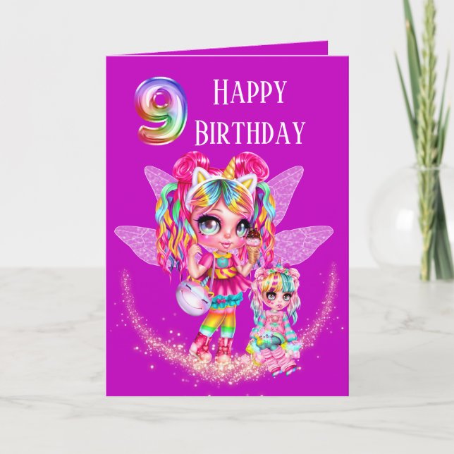 Cute Fairy nineth födelsedagskalas regnbågsmagi Kort (Framsida)