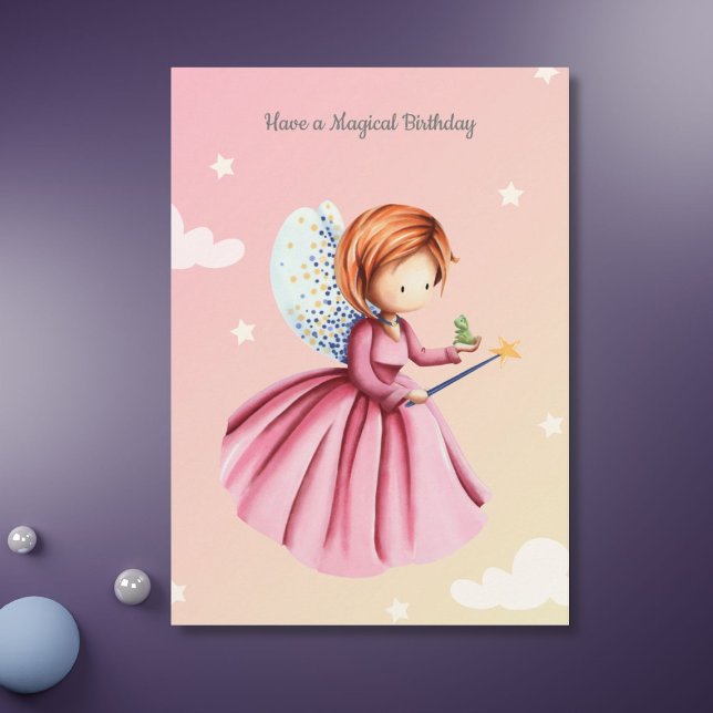 Cute Fairy Princess med Frog Girly Birthday Kort (Skapare uppladdad)