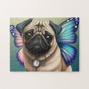 Cute Fairy Pug Hund with Butterfly Vingar Pussel