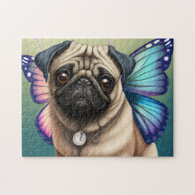 Cute Fairy Pug Hund with Butterfly Vingar Pussel (Horisontell)